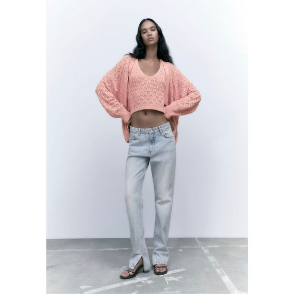 Zara Pointelle Knit Top & Cardigan Set Pink Size M - Picture 1 of 12